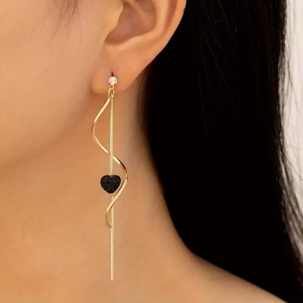 NEW Gold dangle earrings, black heart earrings, gold and black jewelry, spiral